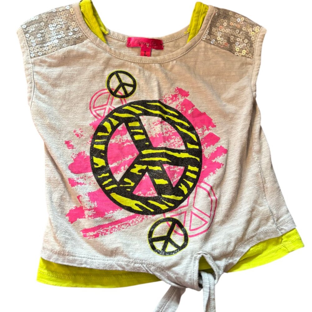 Cherry Stix girls gray retro style Peace sign top tie front sequins, neon 4t‎